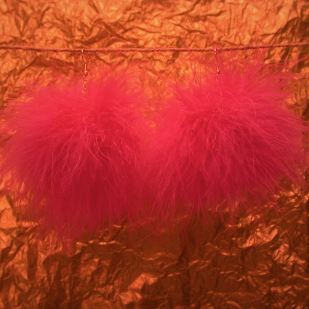 Hot Pink Feather Pom Earrings